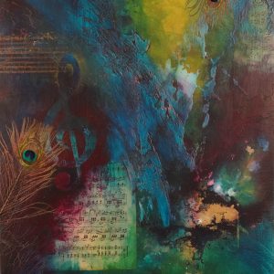 Music Muse by Cheryl Holz, acrylic with plaster, antique sheet music and peacock feathers on wood